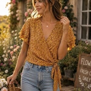 C Womens Floral Wrap Top Mustard Yellow Ruffle Sleeve Blouse Size m Cottagecore